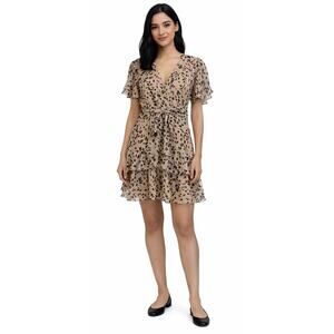 Saint + Secrets tan sheer floral mini dress short sleeve floral ruffled Small